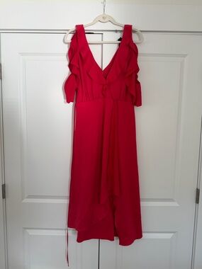 French Connection Red Ruffle V-Neck Midi Dress